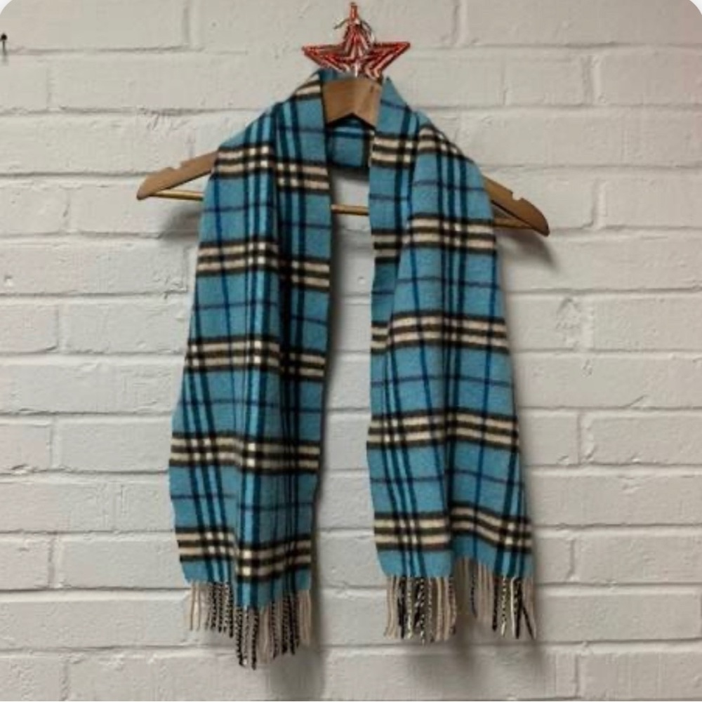 Like New Burberry Blue Check Cashmere Fringe Scarf